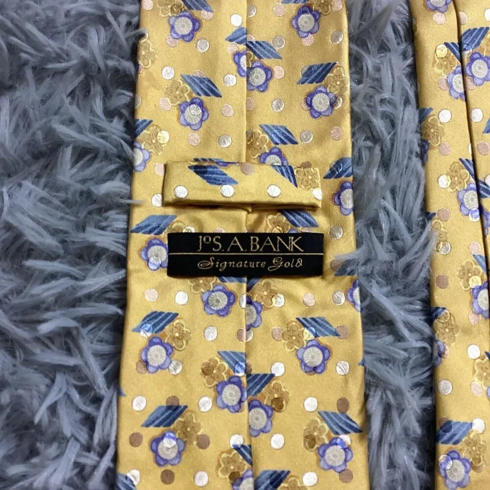 Jos‎ A Bank Signature Gold 100% Silk Tie Yellow Gold Blue Floral Necktie Limited